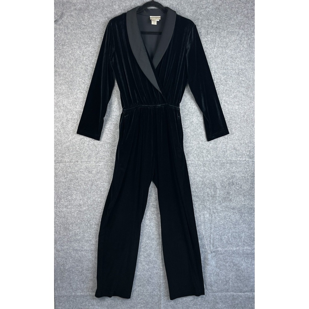 Vintage Coldwater Creek Velvet Tuxedo Jumpsuit Womens Small Black Shawl Collar